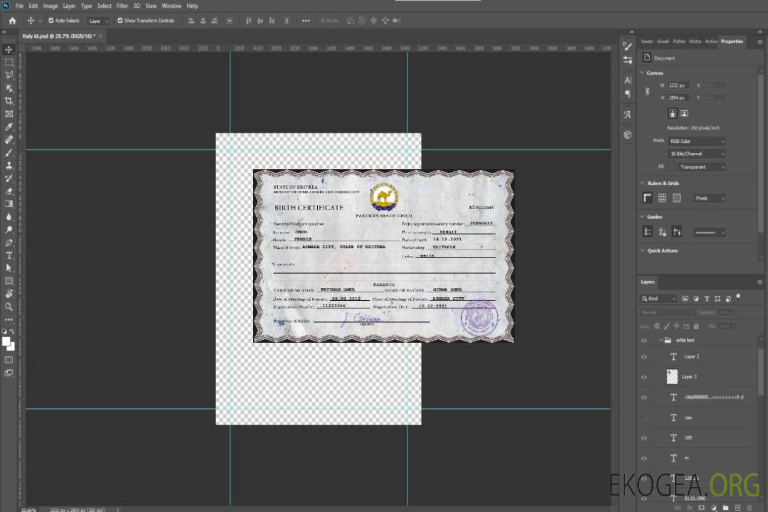 Modèle PSD de certificat de naissance de l'état civil de l'Érythrée template